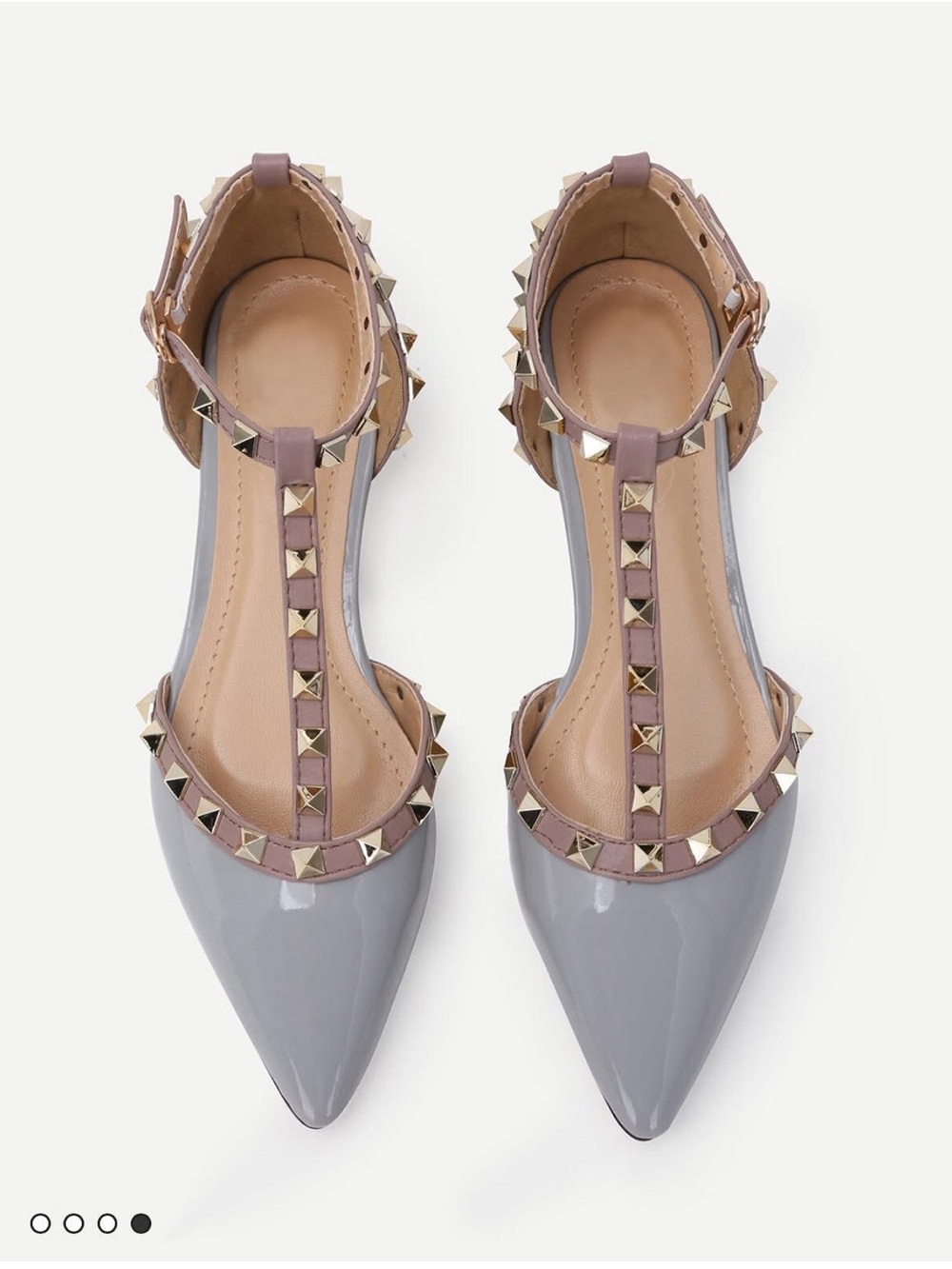 SHEIN Gray Patent Pointed T-Strap Flats with Taupe Studded Straps